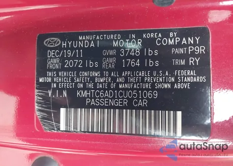 2012 Hyundai Veloster Base W/Gray from USA, damaged, VIN KMHTC6AD1CU051069